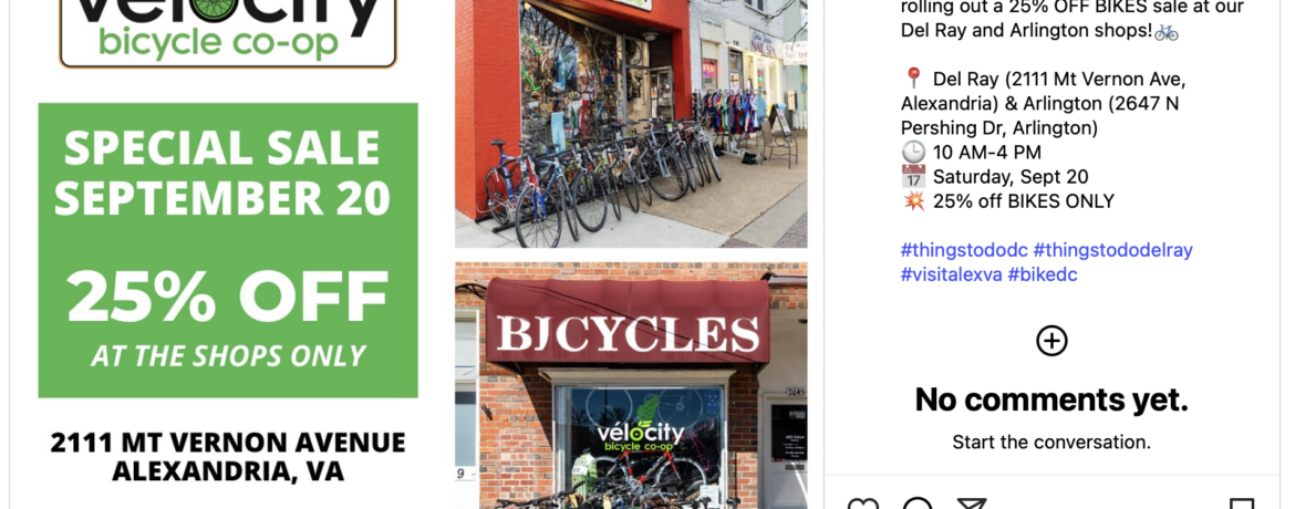 Two storefronts with bicycle in front and info about the Saturday Sep 20 sale